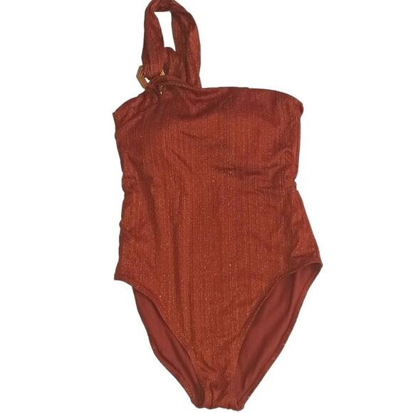One Shoulder Metallic One Piece Swim Suit Rust Women's Size Large - Picture 1 of 4